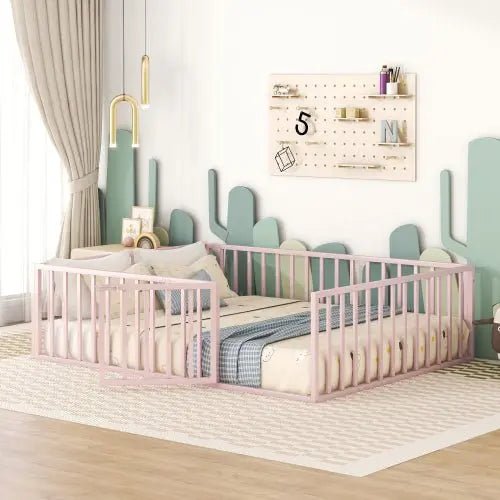 Bellemave® Queen Size Metal Floor Bed with Fence and Door - Bellemave