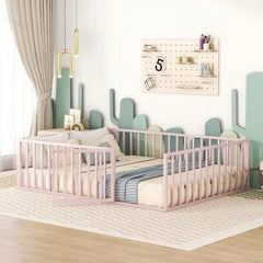 Bellemave® Queen Size Metal Floor Bed with Fence and Door - Bellemave