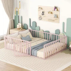 Bellemave® Queen Size Metal Floor Bed with Fence and Door - Bellemave