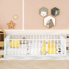 Bellemave® Queen Size Metal Floor Bed with Fence and Door - Bellemave