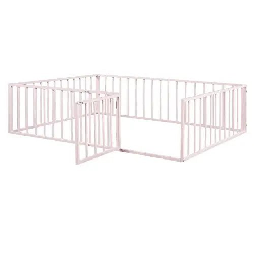 Bellemave® Queen Size Metal Floor Bed with Fence and Door - Bellemave