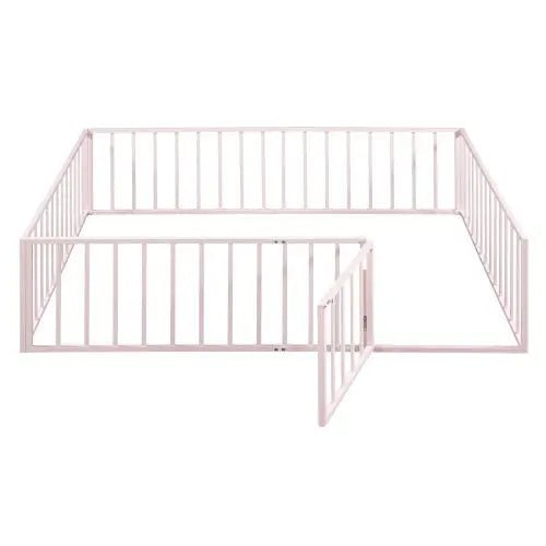 Bellemave® Queen Size Metal Floor Bed with Fence and Door - Bellemave