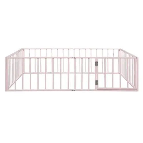 Bellemave® Queen Size Metal Floor Bed with Fence and Door - Bellemave
