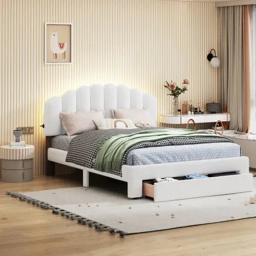 Bellemave® Queen Size Teddy Fleece Upholstered Platform Bed with Drawer - Bellemave