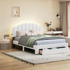 Bellemave® Queen Size Teddy Fleece Upholstered Platform Bed with Drawer - Bellemave