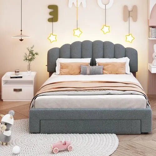 Bellemave® Queen Size Teddy Fleece Upholstered Platform Bed with Drawer - Bellemave