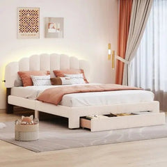Bellemave® Queen Size Teddy Fleece Upholstered Platform Bed with Drawer - Bellemave