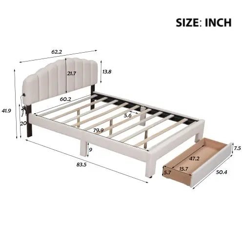 Bellemave® Queen Size Teddy Fleece Upholstered Platform Bed with Drawer - Bellemave