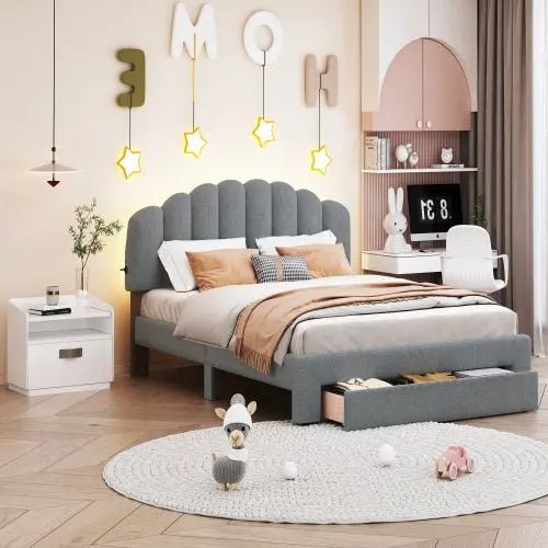 Bellemave® Queen Size Teddy Fleece Upholstered Platform Bed with Drawer - Bellemave