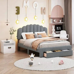 Bellemave® Queen Size Teddy Fleece Upholstered Platform Bed with Drawer - Bellemave
