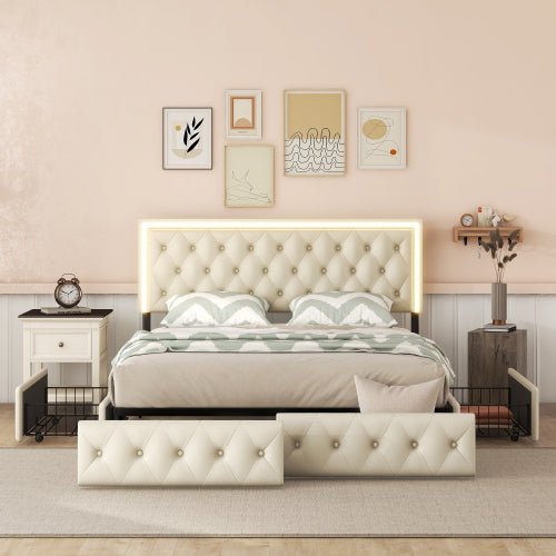 Bellemave Queen Upholstered Platform Bed with 4 Storage Drawers and LED Headboard - Bellemave