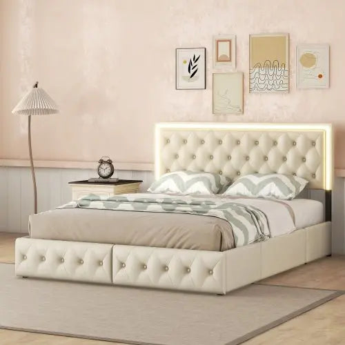 Bellemave Queen Upholstered Platform Bed with 4 Storage Drawers and LED Headboard - Bellemave
