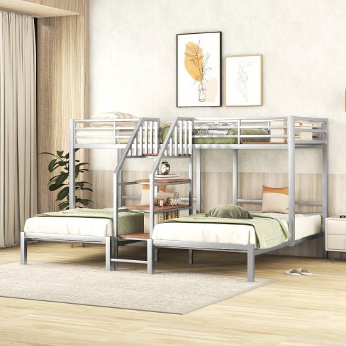 Bellemave Triple Metal Bunk Bed with Storage Shelves Staircase - Bellemave