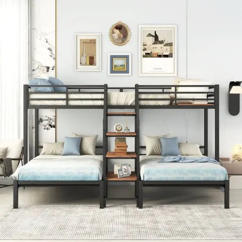 Bellemave Triple Metal Bunk Bed with Storage Shelves Staircase - Bellemave