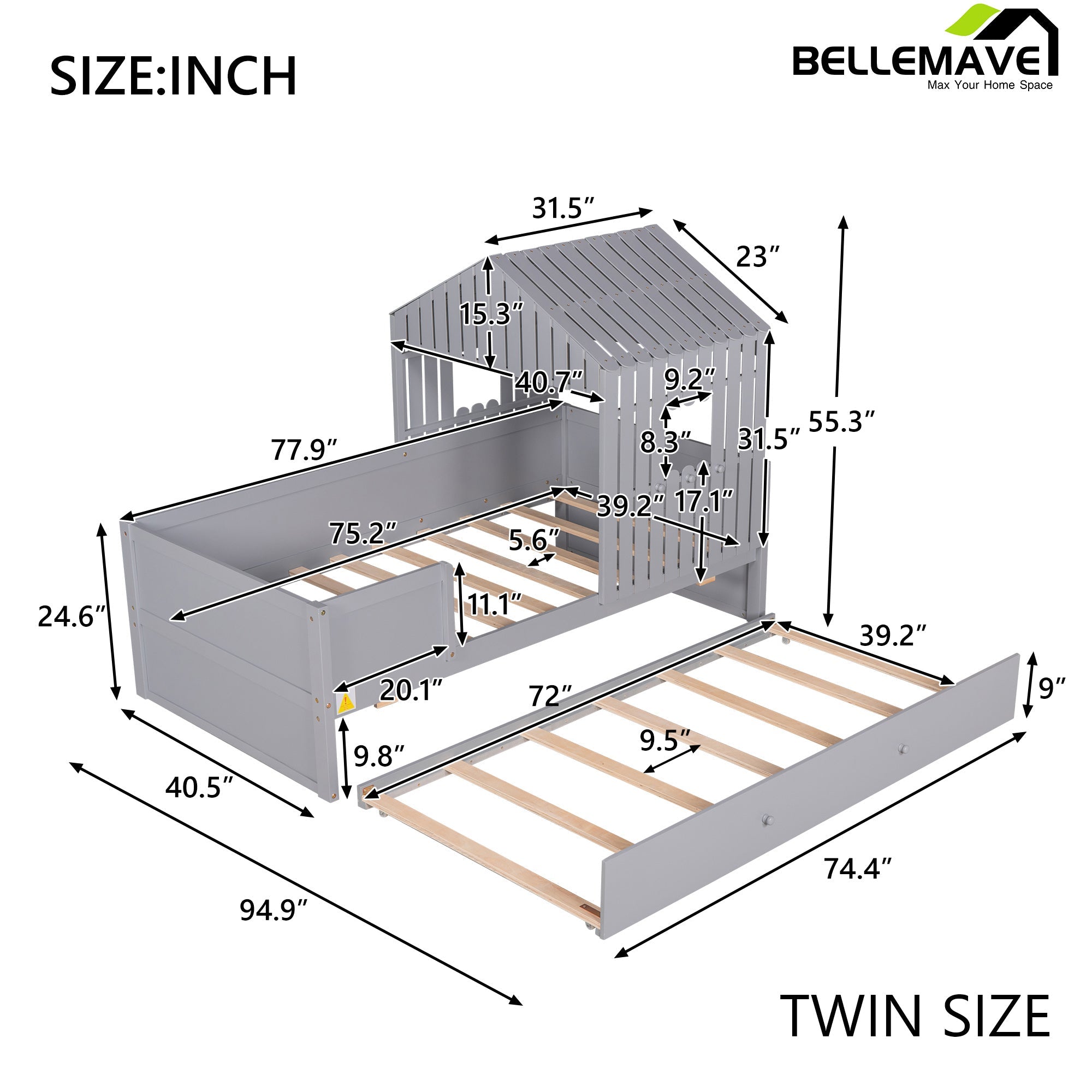 Bellemave Twin House Bed Frame with Twin Size Trundle - Bellemave