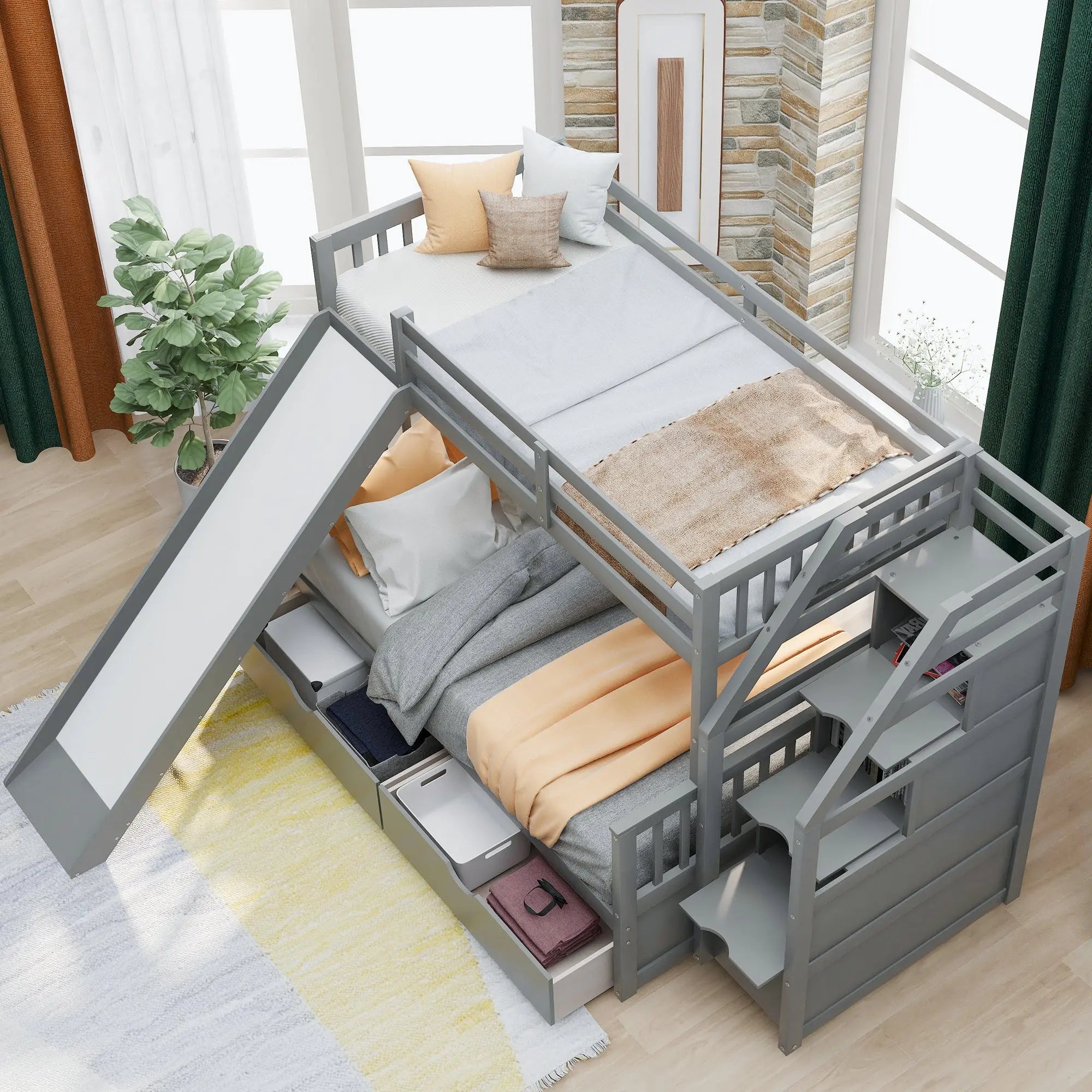 Bellemave® Twin over Full Bunk Bed with 2 Drawers,Stairs Storage and Slide - Bellemave