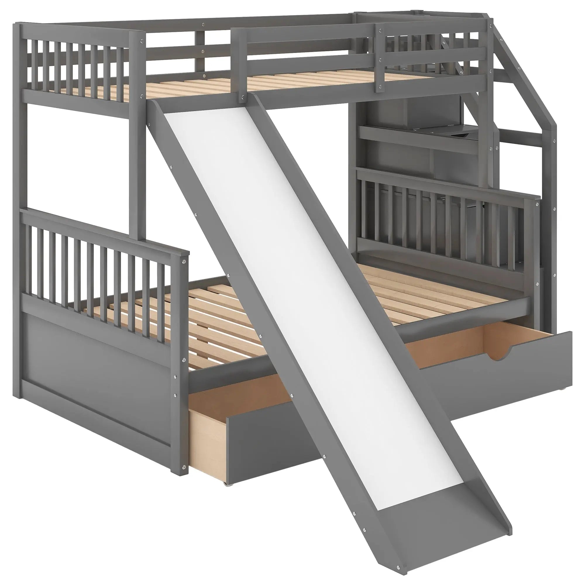 Bellemave® Twin over Full Bunk Bed with 2 Drawers,Stairs Storage and Slide - Bellemave