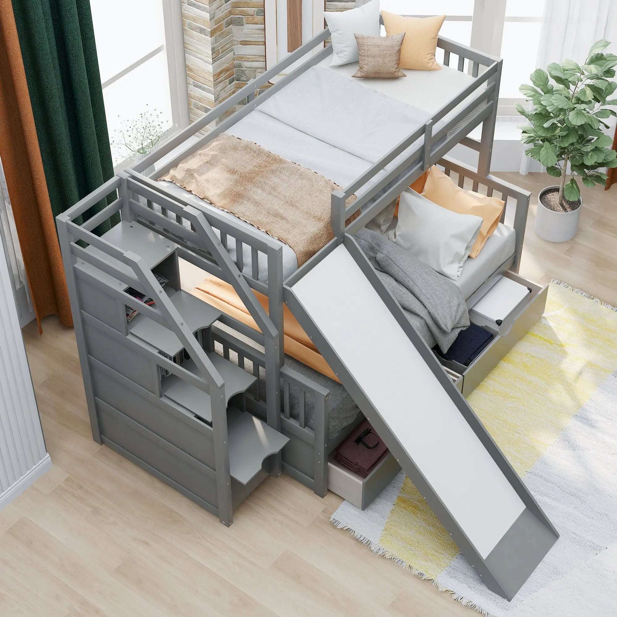 Bellemave® Twin over Full Bunk Bed with 2 Drawers,Stairs Storage and Slide - Bellemave