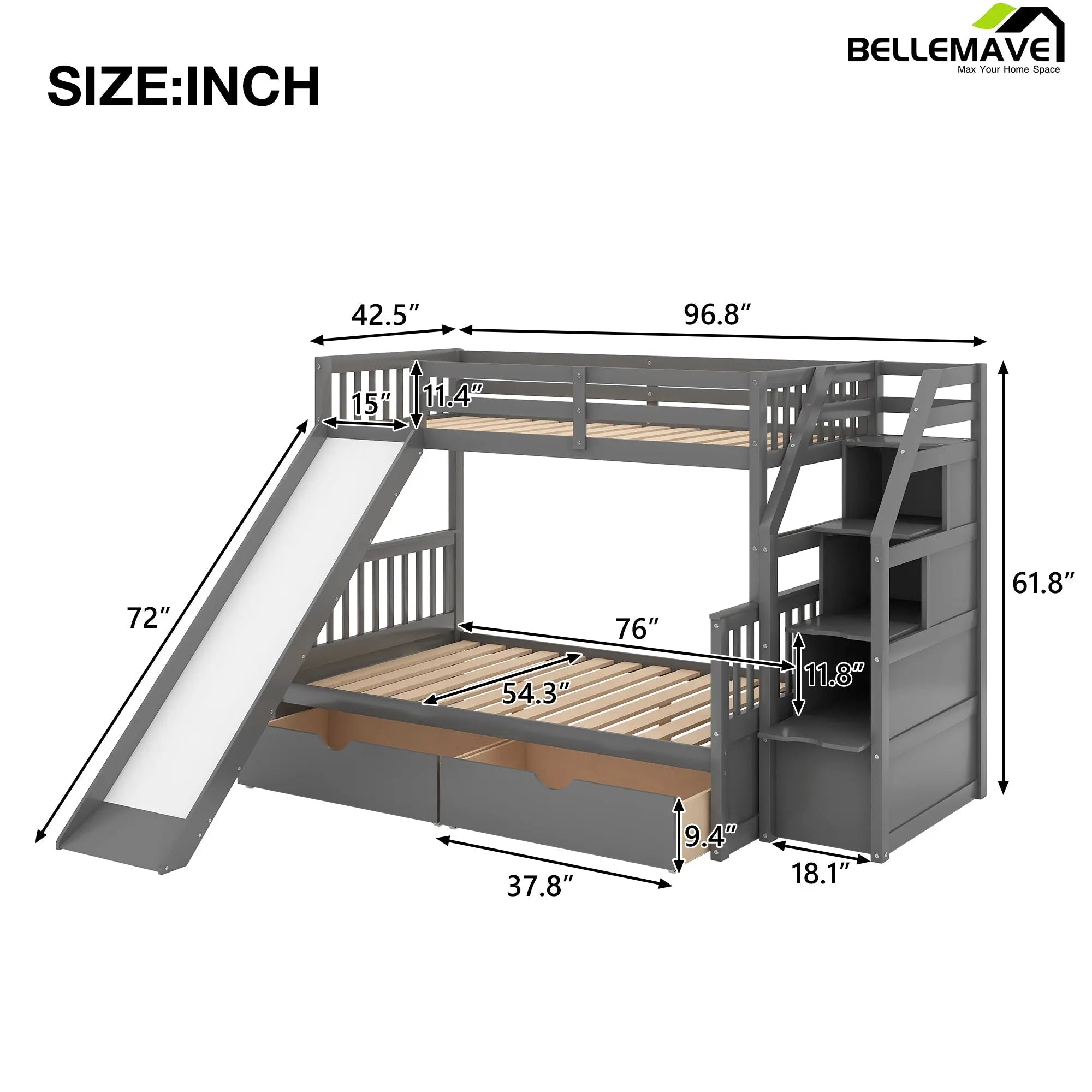 Bellemave® Twin over Full Bunk Bed with 2 Drawers,Stairs Storage and Slide - Bellemave