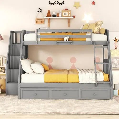 Bellemave® Twin over Full Bunk Bed with 3 Drawers,Ladder and Storage Staircase - Bellemave