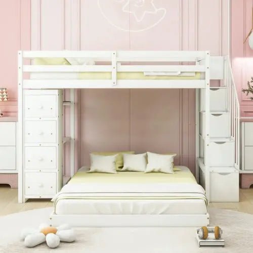 Bellemave® Twin over Full Bunk Bed with 3 - Layer Shelves, Drawers and Storage Stairs - Bellemave