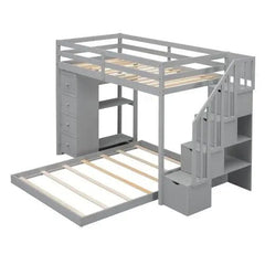 Bellemave® Twin over Full Bunk Bed with 3 - Layer Shelves, Drawers and Storage Stairs - Bellemave