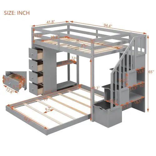 Bellemave® Twin over Full Bunk Bed with 3 - Layer Shelves, Drawers and Storage Stairs - Bellemave