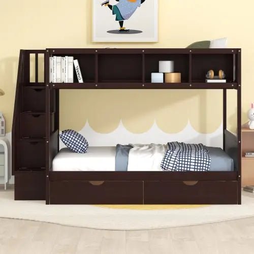Bellemave® Twin over Full Bunk Bed with Shelfs, Storage Staircase and 2 Drawers - Bellemave