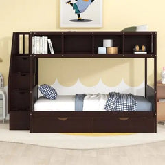 Bellemave® Twin over Full Bunk Bed with Shelfs, Storage Staircase and 2 Drawers - Bellemave