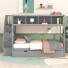 Bellemave® Twin over Full Bunk Bed with Shelfs, Storage Staircase and 2 Drawers - Bellemave