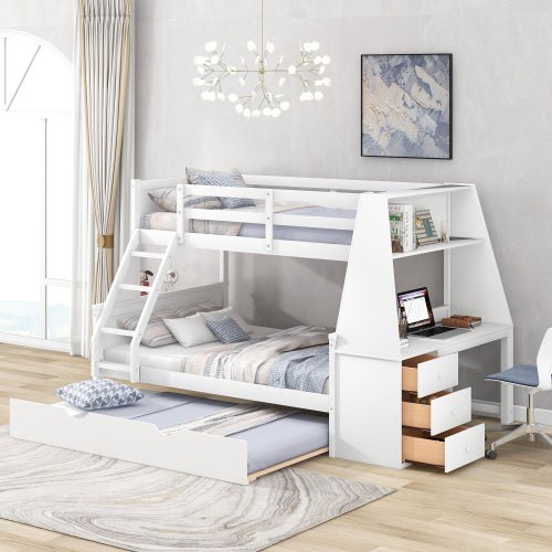 Bellemave Twin over Full Bunk Bed with Trundle and Built-in Desk, Three Storage Drawers and Shelf - Bellemave