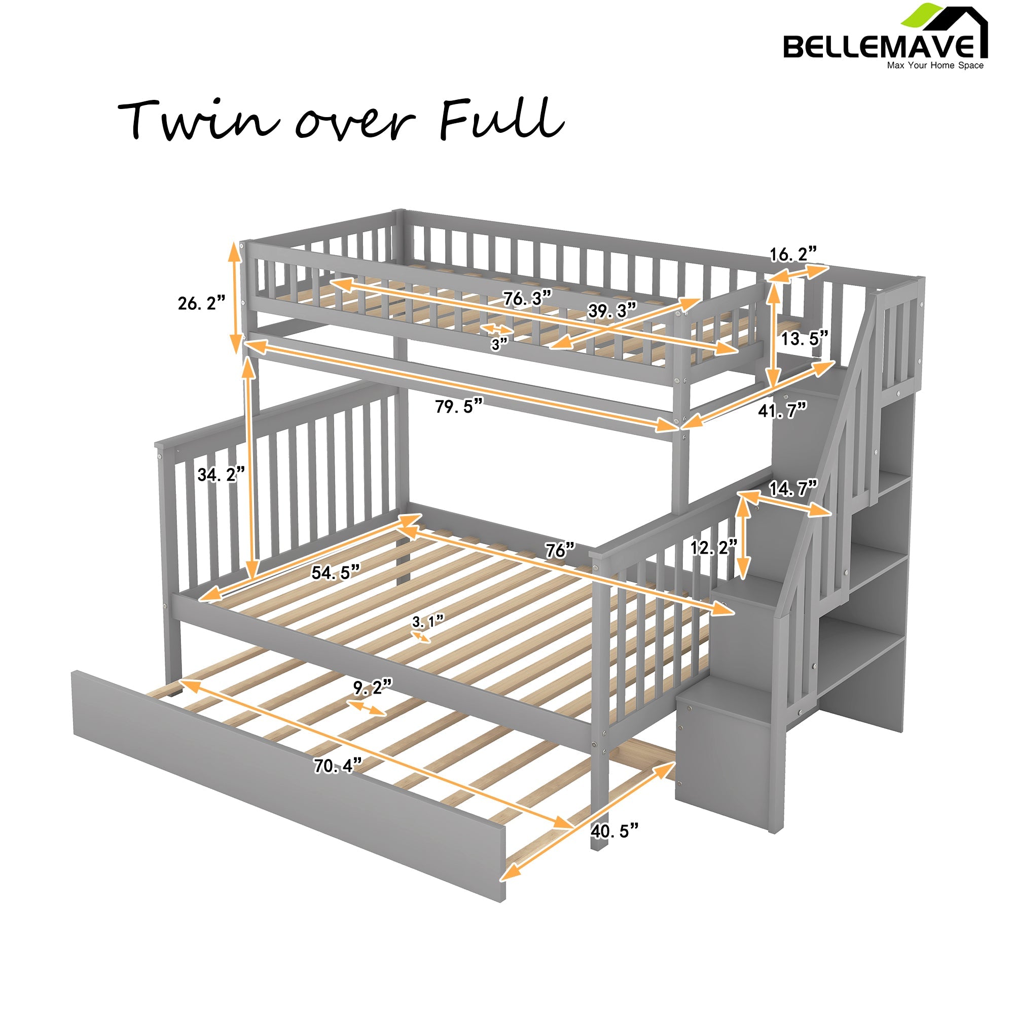 Bellemave Twin over Full Bunk Bed with Trundle and Staircase - Bellemave