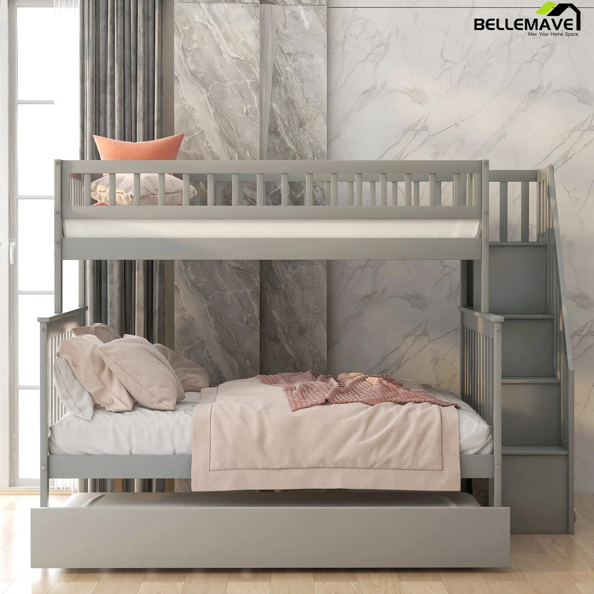 Bellemave Twin over Full Bunk Bed with Trundle and Staircase - Bellemave