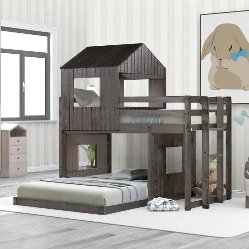 Bellemave® Twin over Full House Bunk Bed with Playhouse and Farmhouse,Ladder and Guardrails - Bellemave