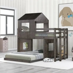 Bellemave® Twin over Full House Bunk Bed with Playhouse and Farmhouse,Ladder and Guardrails - Bellemave