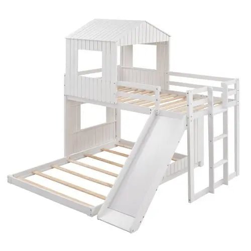 Bellemave® Twin over Full House Bunk Bed with Playhouse and Farmhouse,Ladder and Guardrails - Bellemave