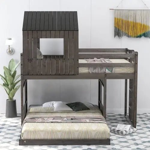 Bellemave® Twin over Full House Bunk Bed with Playhouse and Farmhouse,Ladder and Guardrails - Bellemave