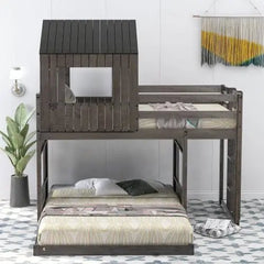 Bellemave® Twin over Full House Bunk Bed with Playhouse and Farmhouse,Ladder and Guardrails - Bellemave