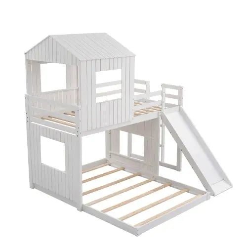Bellemave® Twin over Full House Bunk Bed with Playhouse and Farmhouse,Ladder and Guardrails - Bellemave