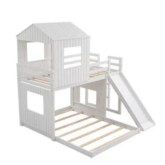 Bellemave® Twin over Full House Bunk Bed with Playhouse and Farmhouse,Ladder and Guardrails - Bellemave