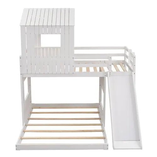 Bellemave® Twin over Full House Bunk Bed with Playhouse and Farmhouse,Ladder and Guardrails - Bellemave