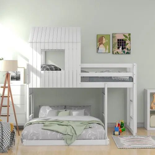 Bellemave® Twin over Full House Bunk Bed with Playhouse and Farmhouse,Ladder and Guardrails - Bellemave