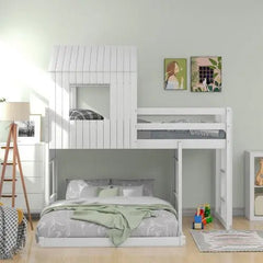 Bellemave® Twin over Full House Bunk Bed with Playhouse and Farmhouse,Ladder and Guardrails - Bellemave