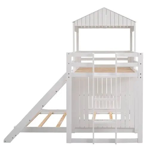 Bellemave® Twin over Full House Bunk Bed with Playhouse and Farmhouse,Ladder and Guardrails - Bellemave