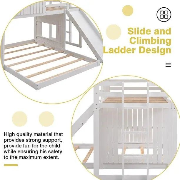Bellemave® Twin over Full House Bunk Bed with Playhouse, Farmhouse and Ladder, Slide and Guardrails - Bellemave