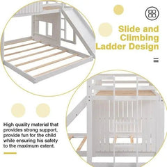 Bellemave® Twin over Full House Bunk Bed with Playhouse, Farmhouse and Ladder, Slide and Guardrails - Bellemave