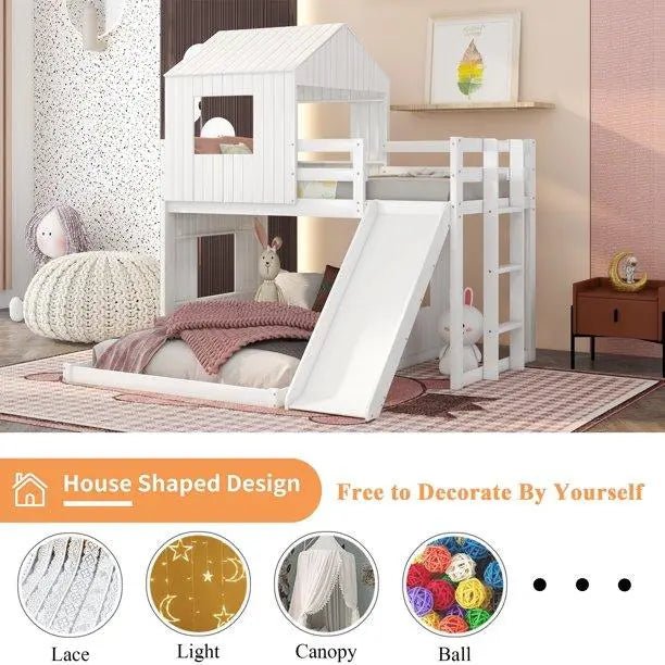 Bellemave® Twin over Full House Bunk Bed with Playhouse, Farmhouse and Ladder, Slide and Guardrails - Bellemave