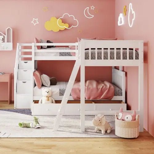 Bellemave® Twin over Full L - Shaped Bunk Bed With 3 Drawers, Ladder and Staircase - Bellemave
