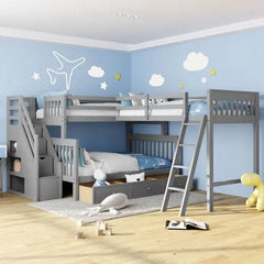 Bellemave® Twin over Full L - Shaped Bunk Bed With 3 Drawers, Ladder and Staircase - Bellemave