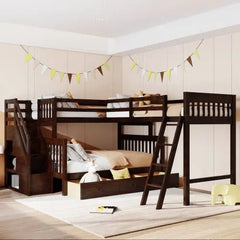 Bellemave® Twin over Full L - Shaped Bunk Bed With 3 Drawers, Ladder and Staircase - Bellemave